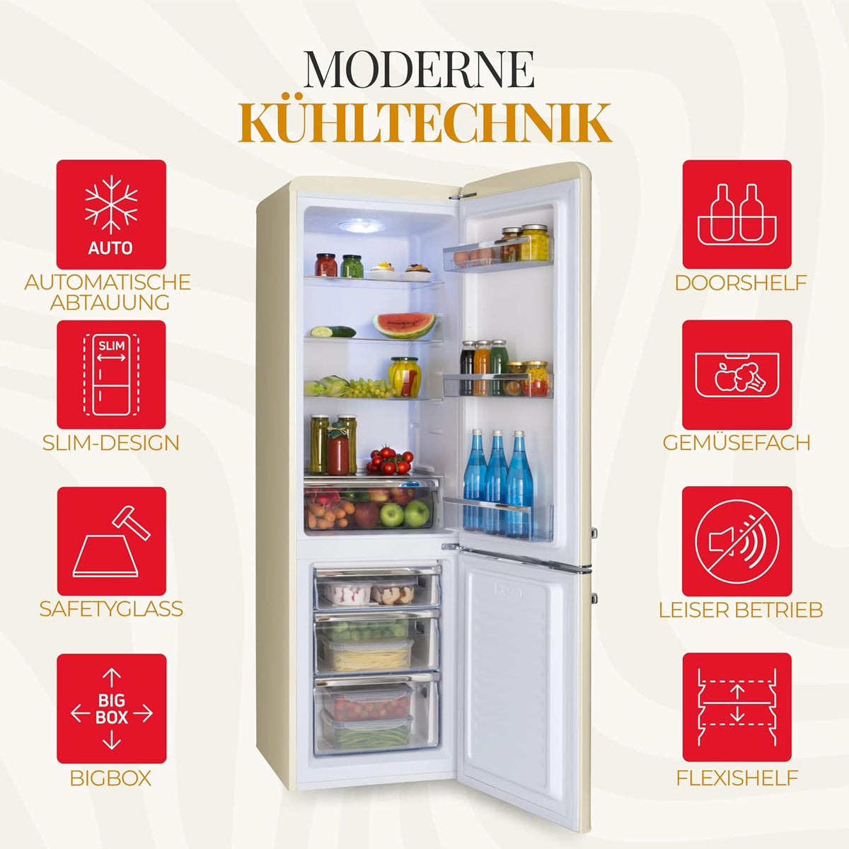 Amica Retro Kühlschrank freistehend mit Gefrierfach 244 l LED Beleuchtung Glasablagen Chrom Flaschengitter 181 x 55 x 62 cm Beige - Kühl Gefrierkombination