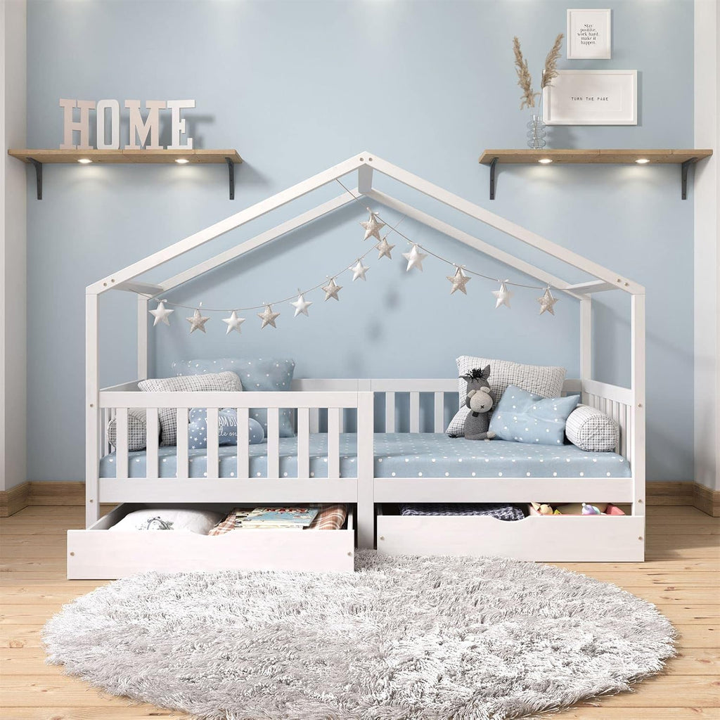 IDIMEX Hausbett ELEA aus massiver Kiefer, Kinderbett mit Rausfallschutz 90x200cm, Spielbett mit Dach in weiß