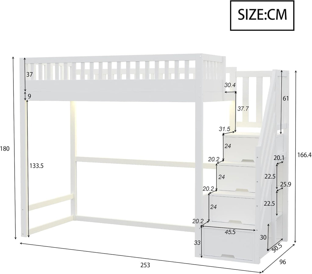 Hochbett 90 x 200,Hochbett mit Sicherheitsleiter, Sicherheitsgeländer, Bettrahmen aus massivem Kiefernholz, L-E-D-Lichtleiste, austauschbaren Sicherheitsleitern auf beiden Seiten (Weiß)