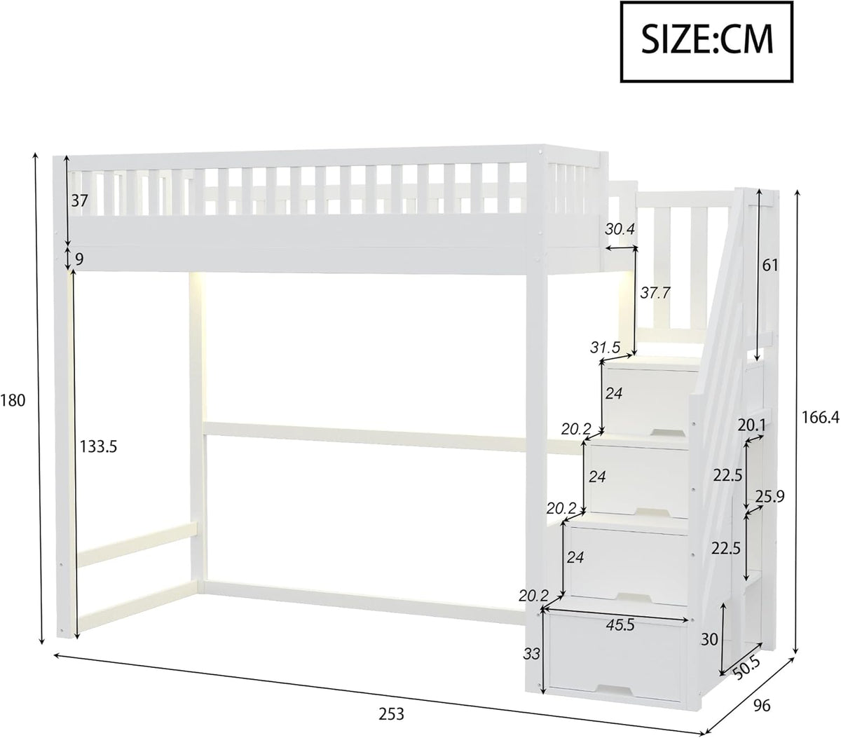Hochbett 90 x 200,Hochbett mit Sicherheitsleiter, Sicherheitsgeländer, Bettrahmen aus massivem Kiefernholz, L-E-D-Lichtleiste, austauschbaren Sicherheitsleitern auf beiden Seiten (Weiß)