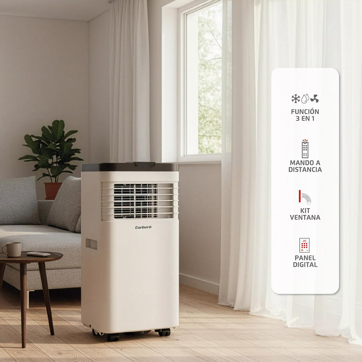 Corberó 3-in-1-Klimaanlage mit Fernbedienung | CPC09 | 2600 W | 12-18 m² | 16-31 °C | Kühlung | Heizung | Entfeuchtung | 2 Geschwindigkeiten | 24h Timer