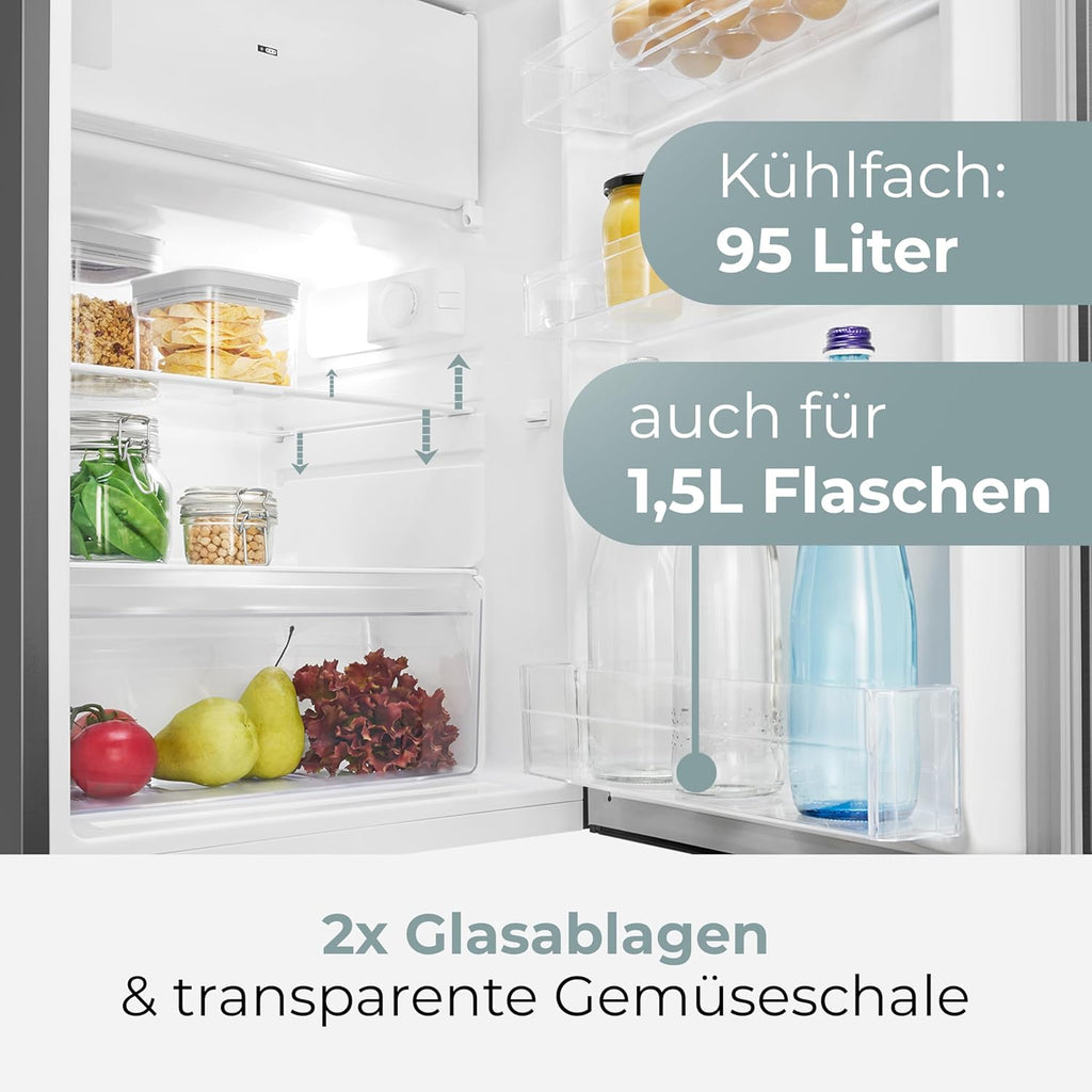 Clatronic® Kühlschrank mit Gefrierfach | Energieklasse C | 85cm | Kühl schrank klein | leise 37dB | Türanschlag wechselbar | 0°C - 8°C | 109L Fridge | kleiner Kühl-schrank KS 101 inox