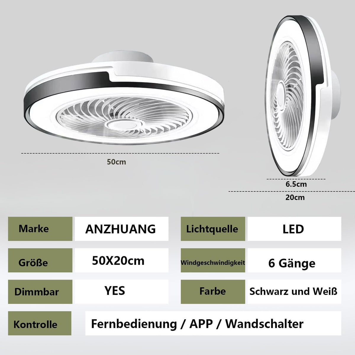 LED Deckenventilator mit Beleuchtung Leise 6 Windstufen, lampe mit ventilator, APP, Modernes Design deckenventilator mit licht für Wohnzimmer Schlafzimmer,(50CM，Weiß)