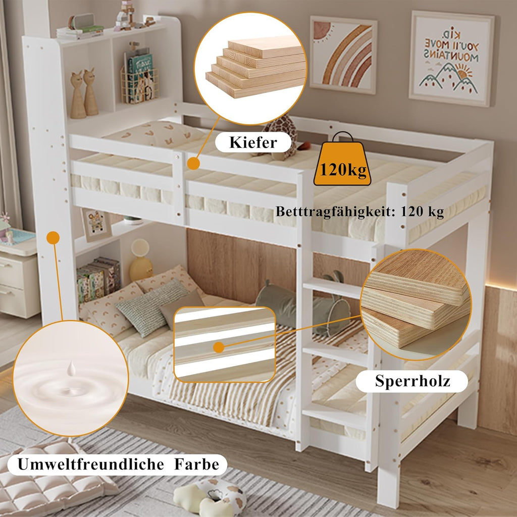 Kinderbett 90x200 mit Regalen und Leiter, Funktionsbett Etagenbett für 2 Kinder, Stockbett Hochbett Jugendhochbett mit Stauraum und Lattenrost,Jugendbett Bettrahmen aus Massivholz,ohne matratze,Weiß