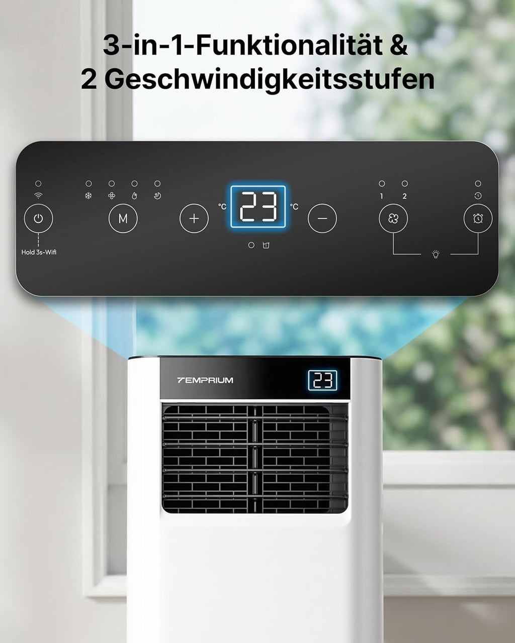 Mobile Klimaanlage 9000BTU 2,6Kw mit Abluftschlauch | 3-in-1 Mobiles Klimagerät | Fensterabdichtung | APP-Steuerung + Fernbedienung | Leiser Betrieb
