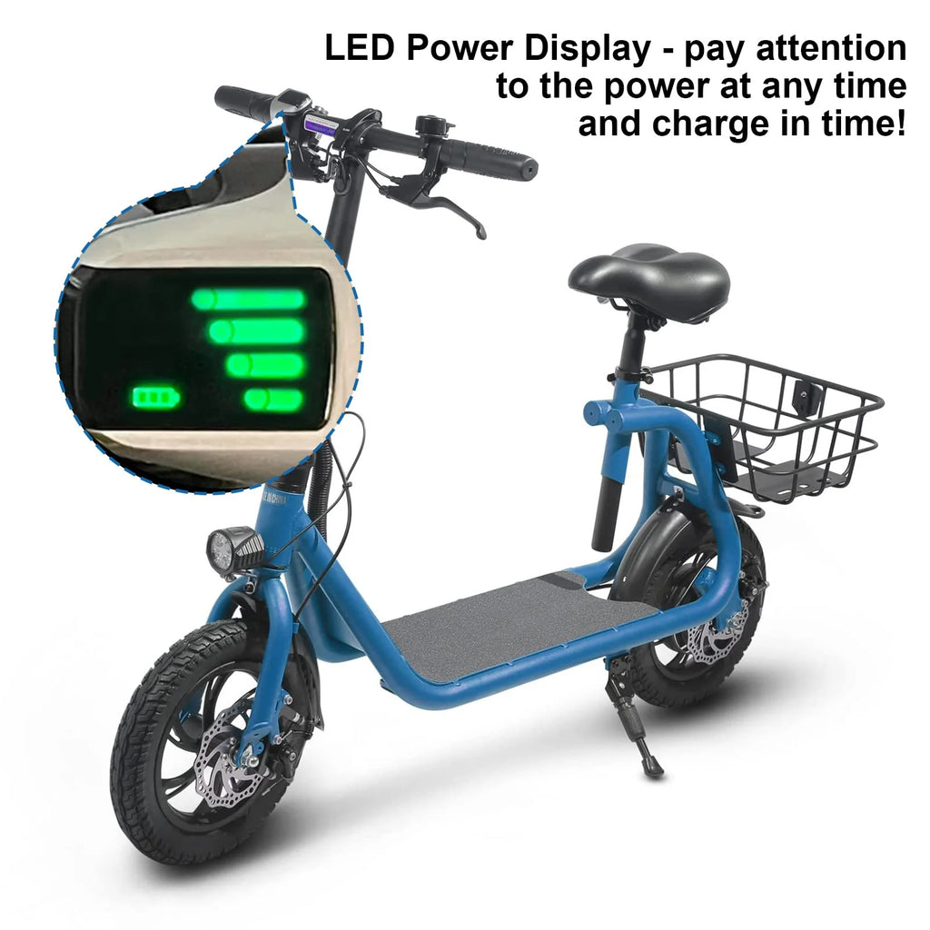 Patinete eléctrico plegable para adultos con asiento, motor sin escobillas de 450 W, neumáticos todoterreno de 12 pulgadas, autonomía de 32 km, ligero y portátil.