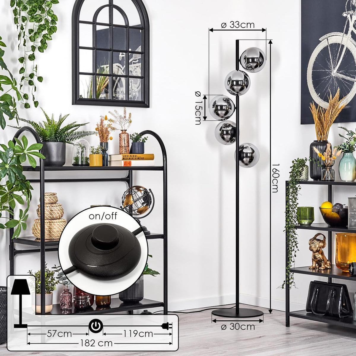 HOFSTEIN Stehleuchte Gastor, Stehlampe aus Metall/Glas in Schwarz/Chrom/Rauch, Leuchte im Retro/Vintage-Design mit Glasschirmen (Ø 15 cm) u. Fußschalter, 160 cm, E14, Wohnzimmer, Schlafzimmer, Büro