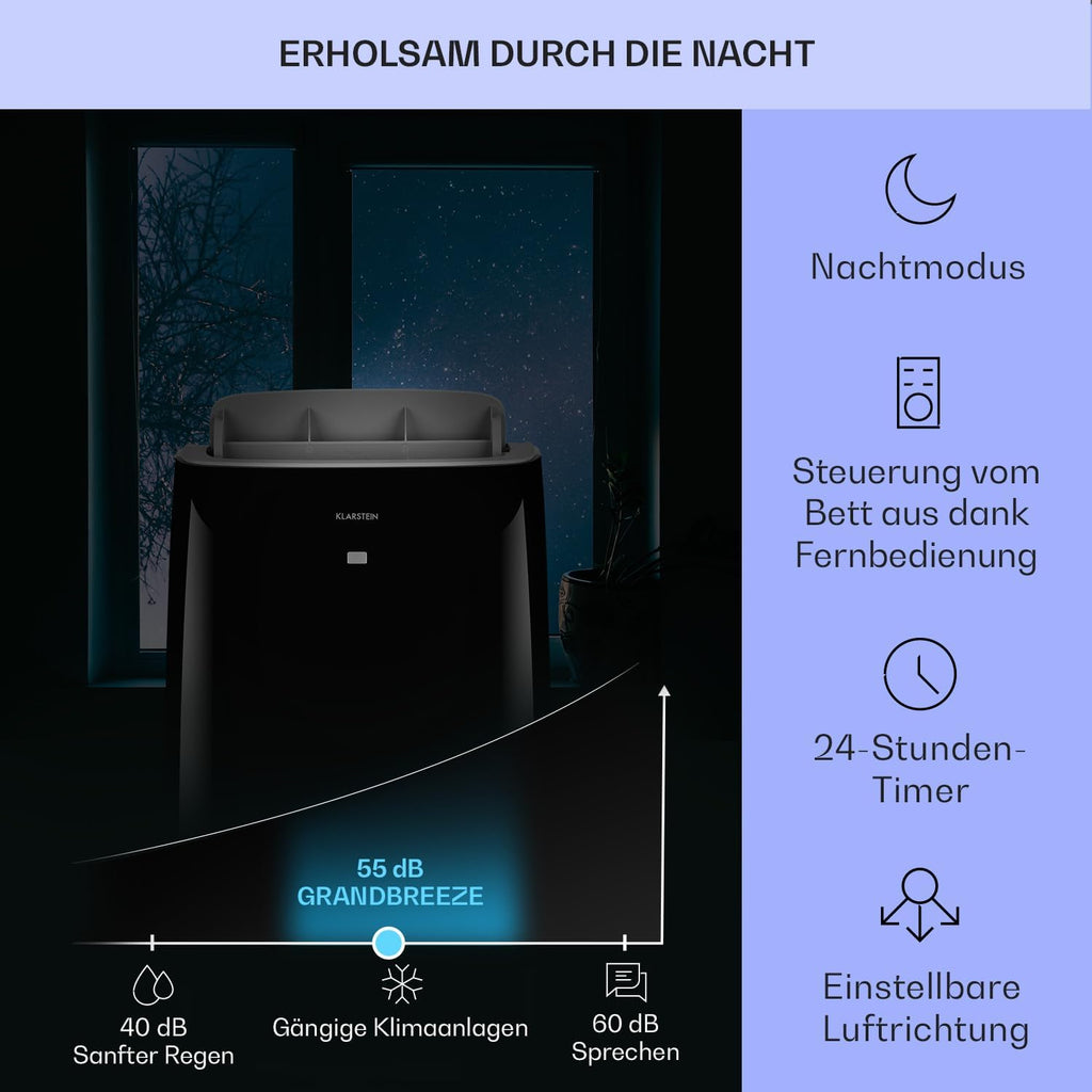 Klarstein Mobile Klimaanlage mit Abluftschlauch, 4-in-1 Klimagerät, Ventilator, Luftentfeuchter & Nachtmodus, Kleine & Portable Klimaanlage für Wohnung & Büro, Niedriger Verbrauch, 14000BTU