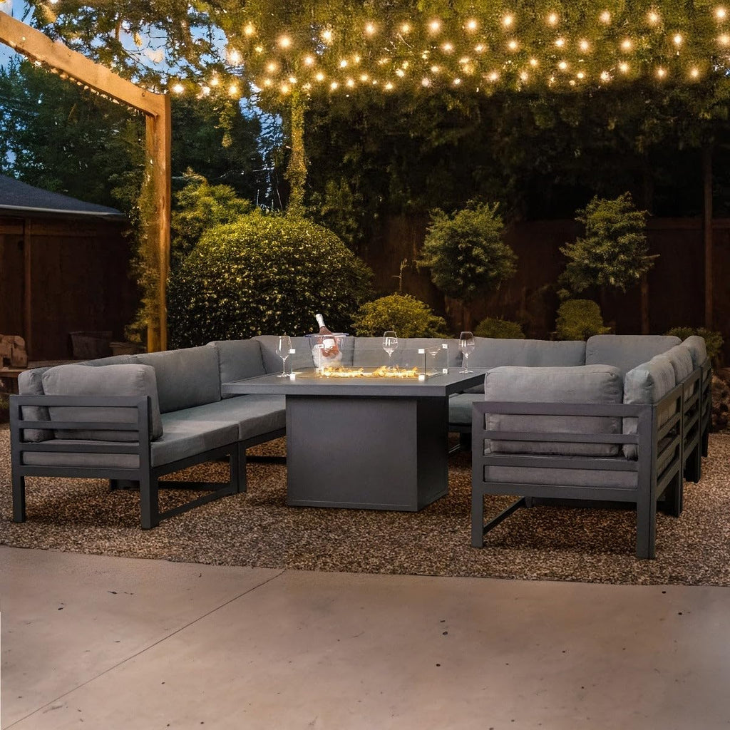 Modulares Gartenlounge-Set Groß Grau 8-Sitzer U-Form Sofa mit Kissen, Tisch & Gasfeuerstelle 9-teiliges Aluminium-Gartenmöbelset für draußen Eckset Terrasse Balkon [inkl. Wasserdichte Regenabdeckung]