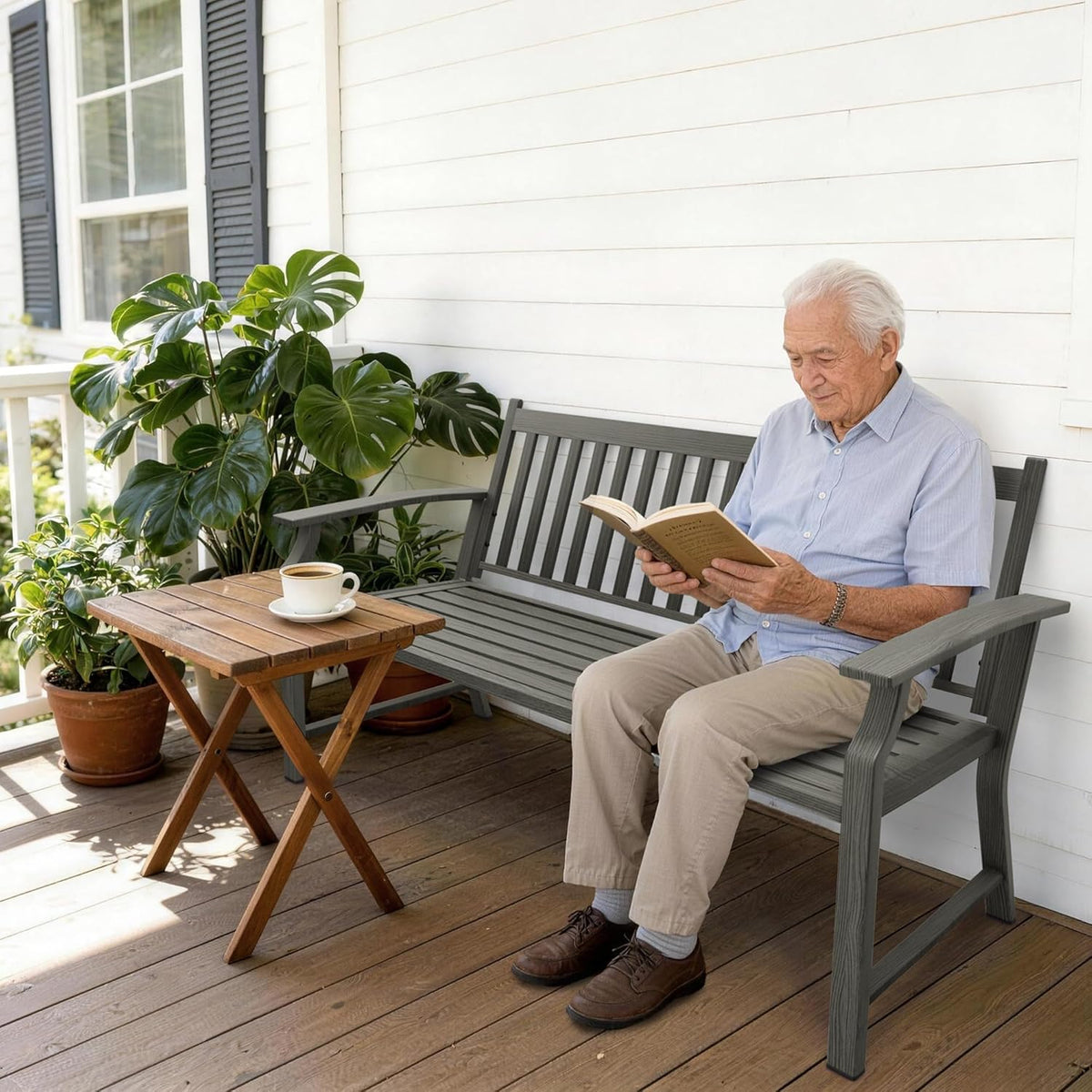 UDPATIO Gartenbank Metall in Holzoptik,Wetterfeste Sitzbank Outdoor, Bank 2–3 Sitzer für Balkon & Garten,Balkonmöbel mit Rücken & Armlehnen,Grau