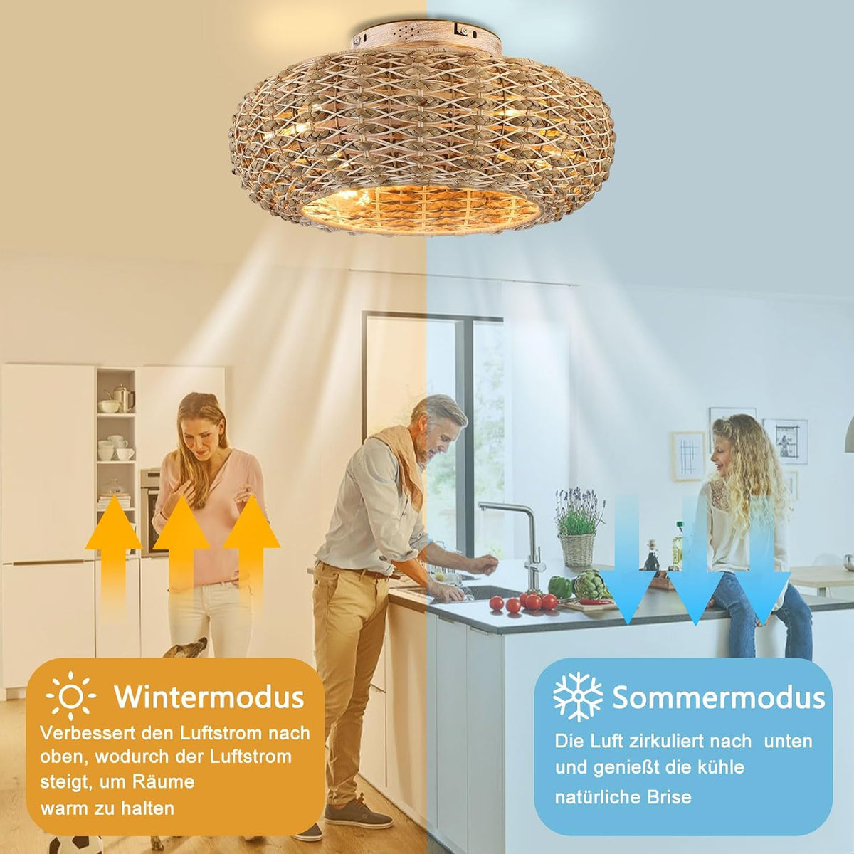 Deckenventilator Mit Beleuchtung Rattan E27 Lampe Mit Ventilator Mit Fernbedienung Und APP Leise 6 Wind Speeds Umkehrbaren Timer Deckenlampe Mit Ventilator Für Wohnzimmer Schlafzimmer Esszimmer ,50cm