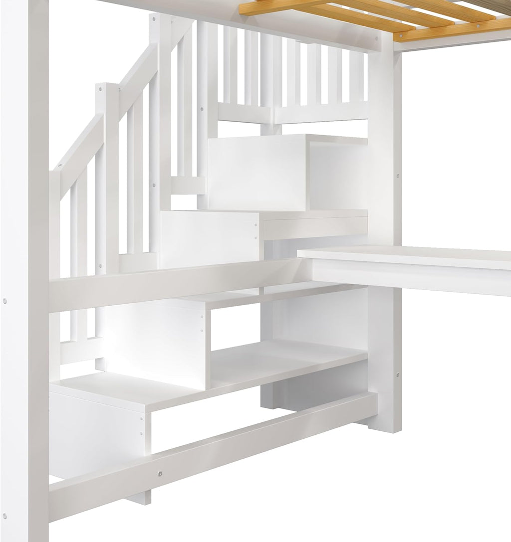 140x200 Hochbett mit Schreibtisch und Regal, Kleiderschrank, Stauraumtreppe, USB und LED-Leuchten, Weiß