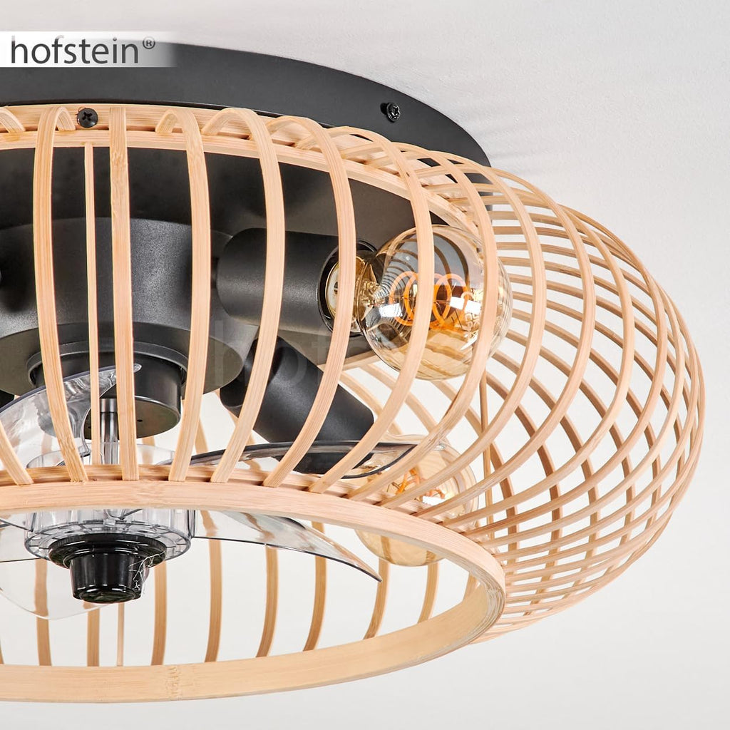 HOFSTEIN Deckenventilator Oravi, Ventilator aus Metall/Bambus in Schwarz/Natur mit Fernbedienung, Auf-/Abwind-Funktion u. Lichteffekt an der Decke, Deckenleuchte 4-flammig Ø 50 cm, 4 x E27, mit Timer