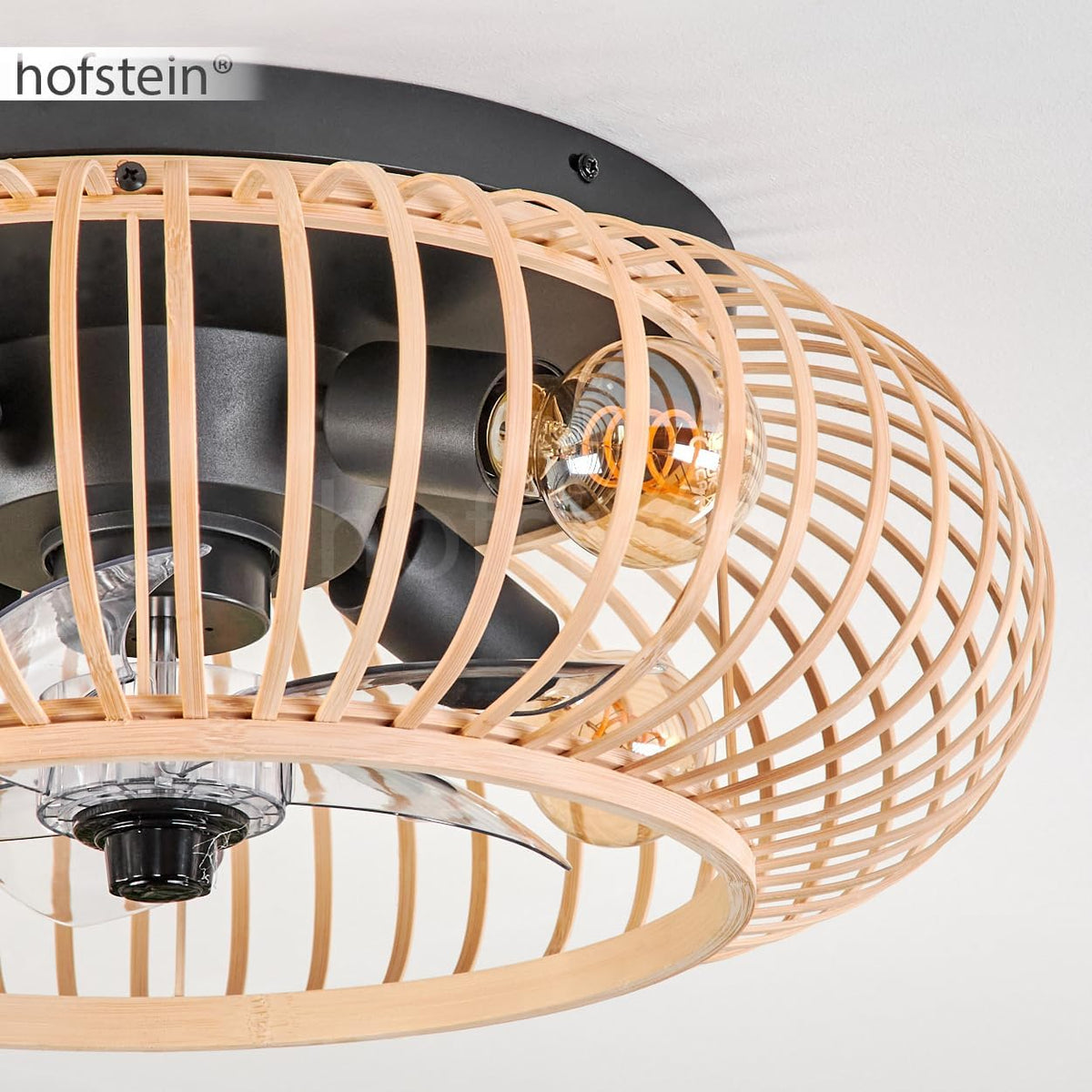 HOFSTEIN Deckenventilator Oravi, Ventilator aus Metall/Bambus in Schwarz/Natur mit Fernbedienung, Auf-/Abwind-Funktion u. Lichteffekt an der Decke, Deckenleuchte 4-flammig Ø 50 cm, 4 x E27, mit Timer
