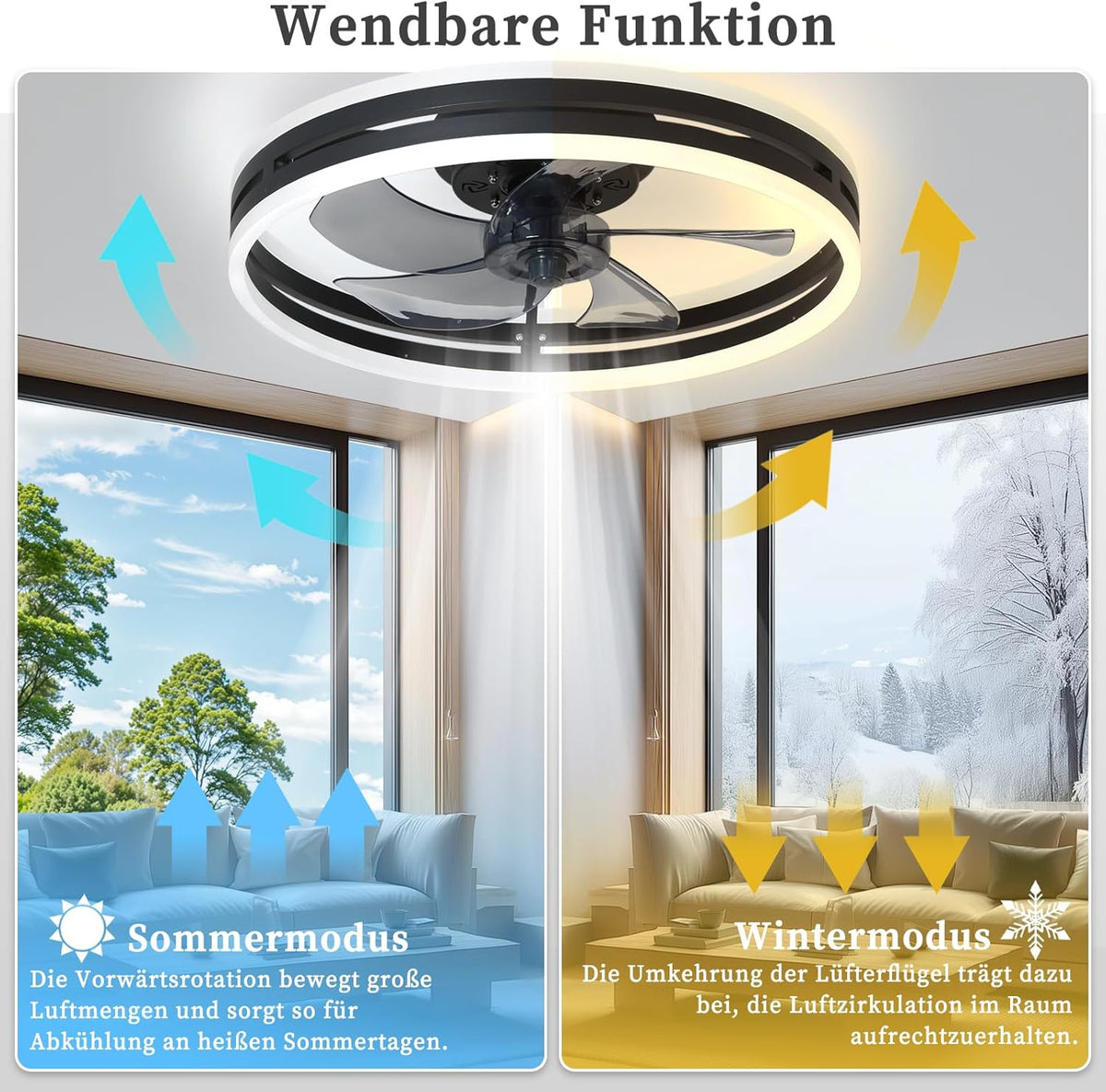 Leise Deckenventilator Mit Beleuchtung 50W Dimmbare Deckenleuchte Mit Fernbedienung Und APP 6 Geschwindigkeiten Lampe Mit Ventilator Timer Schlafzimmer Wohnzimmer Licht Schwarz,40cm