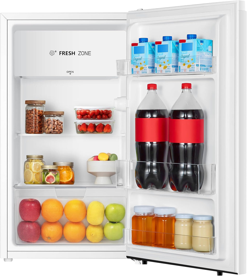 PKM KS93E Kühlschrank mit Kaltlagerzone | 94 Liter | Weiß | Sehr leise mit 36 dB | Wechselbarer Türanschlag | 1 Gemüseschublade | 47,5 cm Breite | Regelbares Thermostat | Energieeffienzklasse E