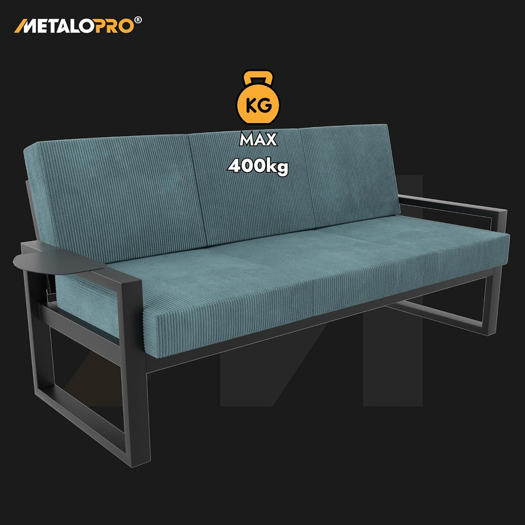 Gartensofa, 1x Dreisitzer, Metallrahmen mit Cordstoff Kissen, Terrassensofa, Outdoor Sofa, für Terrasse, Balkon, Garten, Ozeantiefe