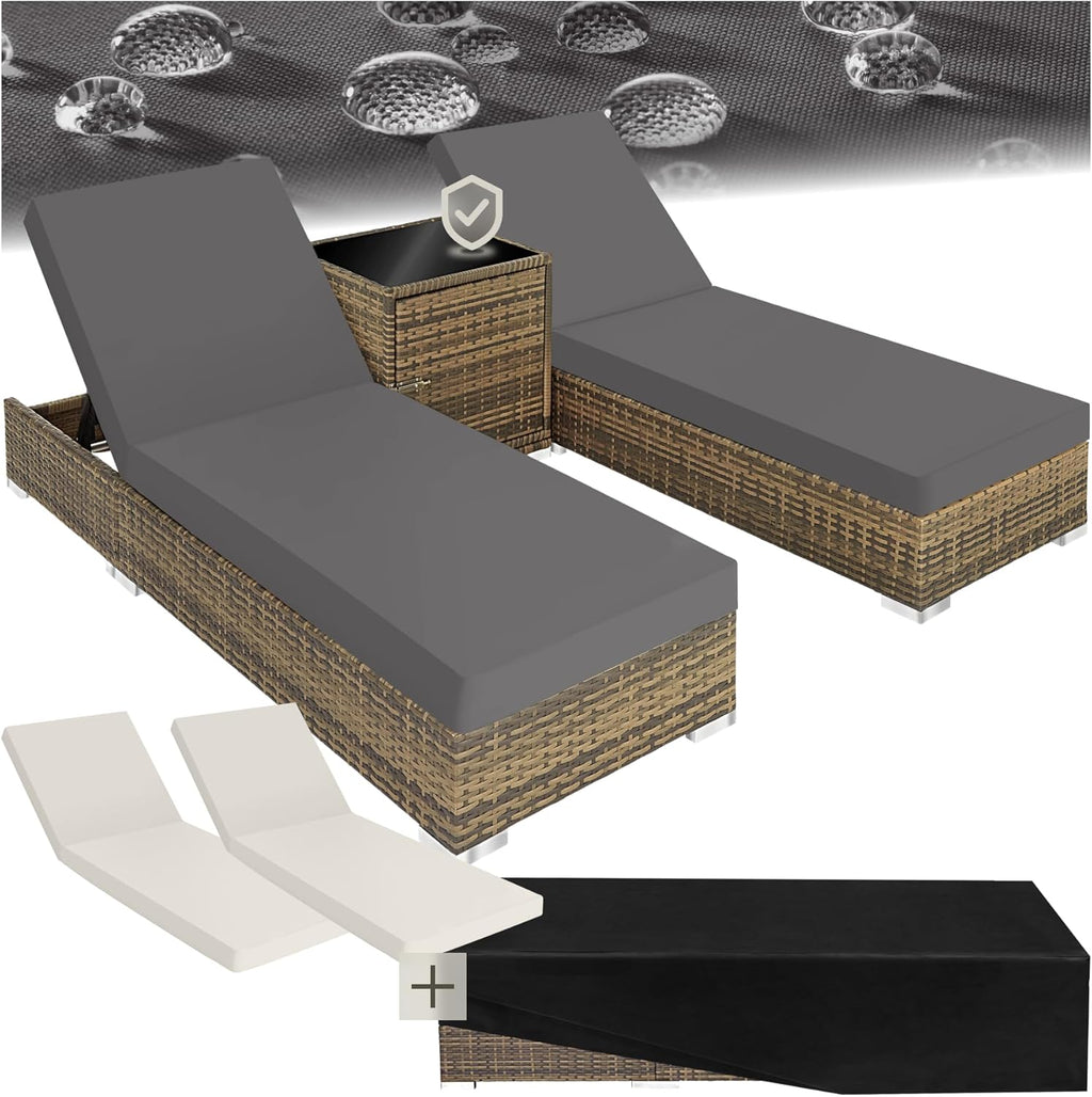 tectake® 2er Lounge Sonnenliegen Set Plus Tisch – inkl. 2 Bezugsets und Schutzhülle, Outdoor Poly Rattan Gartenmöbel Set, 2er Set - Natur