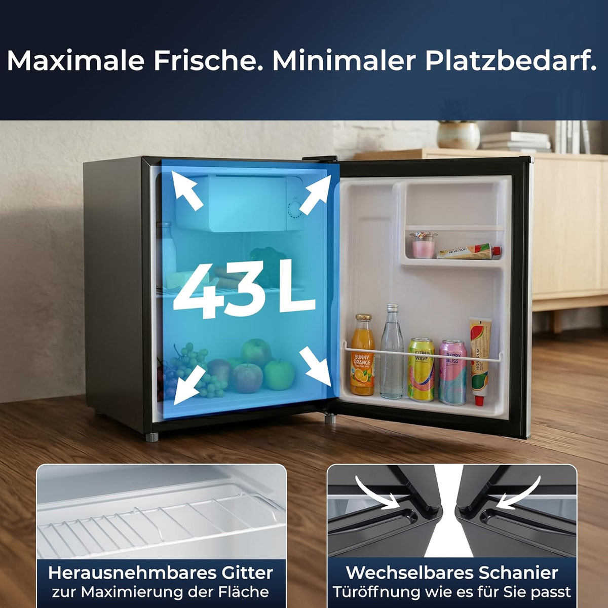 KLAMER Mini Kühlschrank mit Gefrierfach 43 L, Kleiner Kühlschrank Schwarz, 6 Kühlstufen, Kompressor, Gefrierzone, Herausnehmbares Gitter, Minibar, Kühlschrank Klein