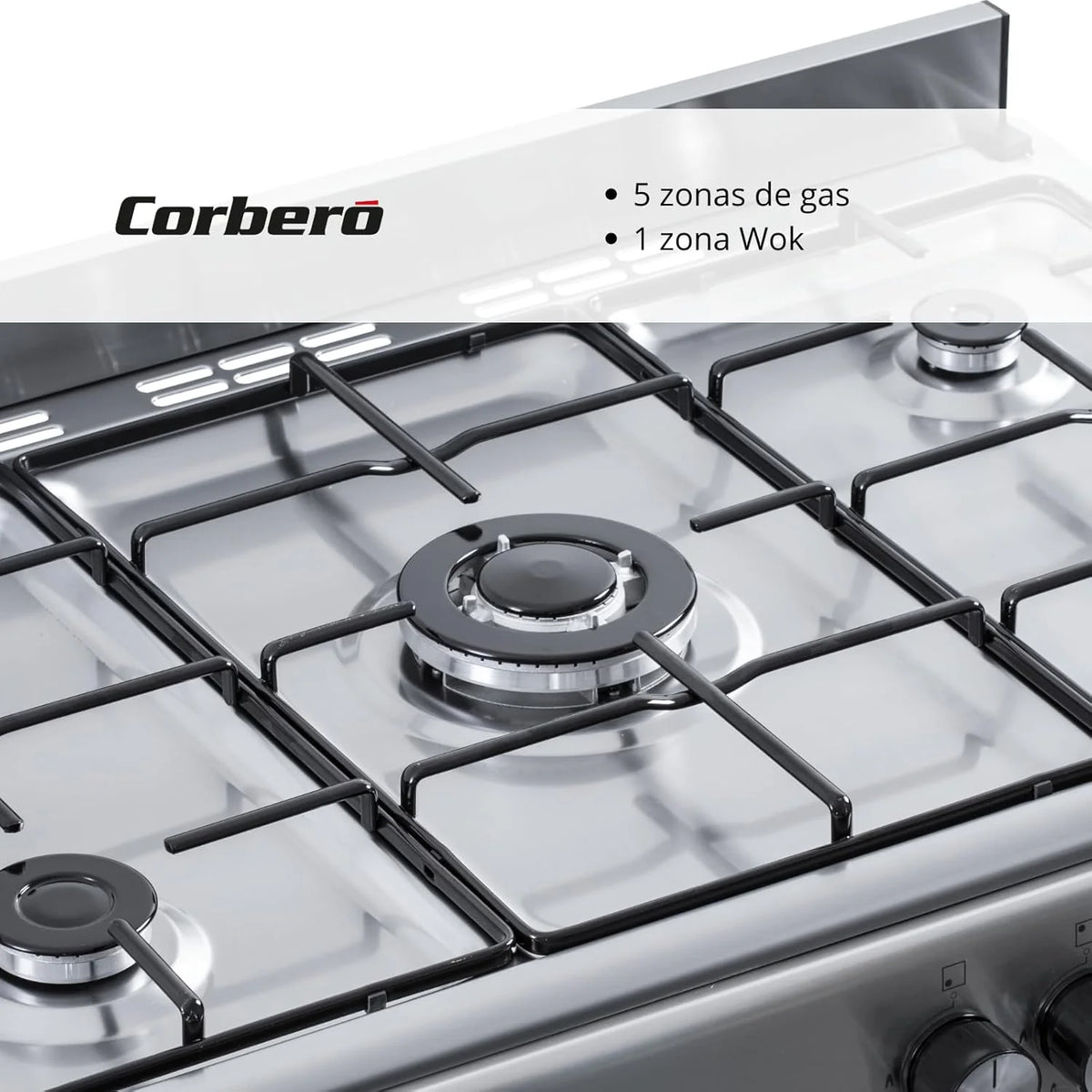 Corbero - Cocina de gas butano 5 fuegos | CC510GB90X | 80x90x60 | Horno de 60L con puerta doble | Wok en medio| Encendido Manual | Cajón calientaplatos| Bandeja y parrilla cromados |Con tapa| Inox