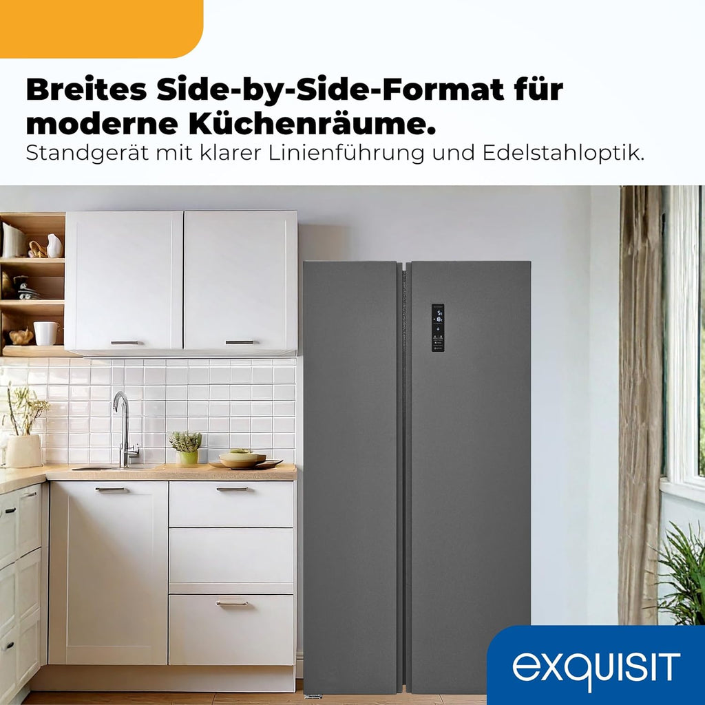 Exquisit Side-by-Side Kühlschrank | 442 l Nutzinhalt, Energieeffizienzklasse D, 39 dB(A) | No Frost Kühlen und Gefrieren, Schnellgefrieren, Temperaturregelung, LED-Display | SBS546-040D anthrazit