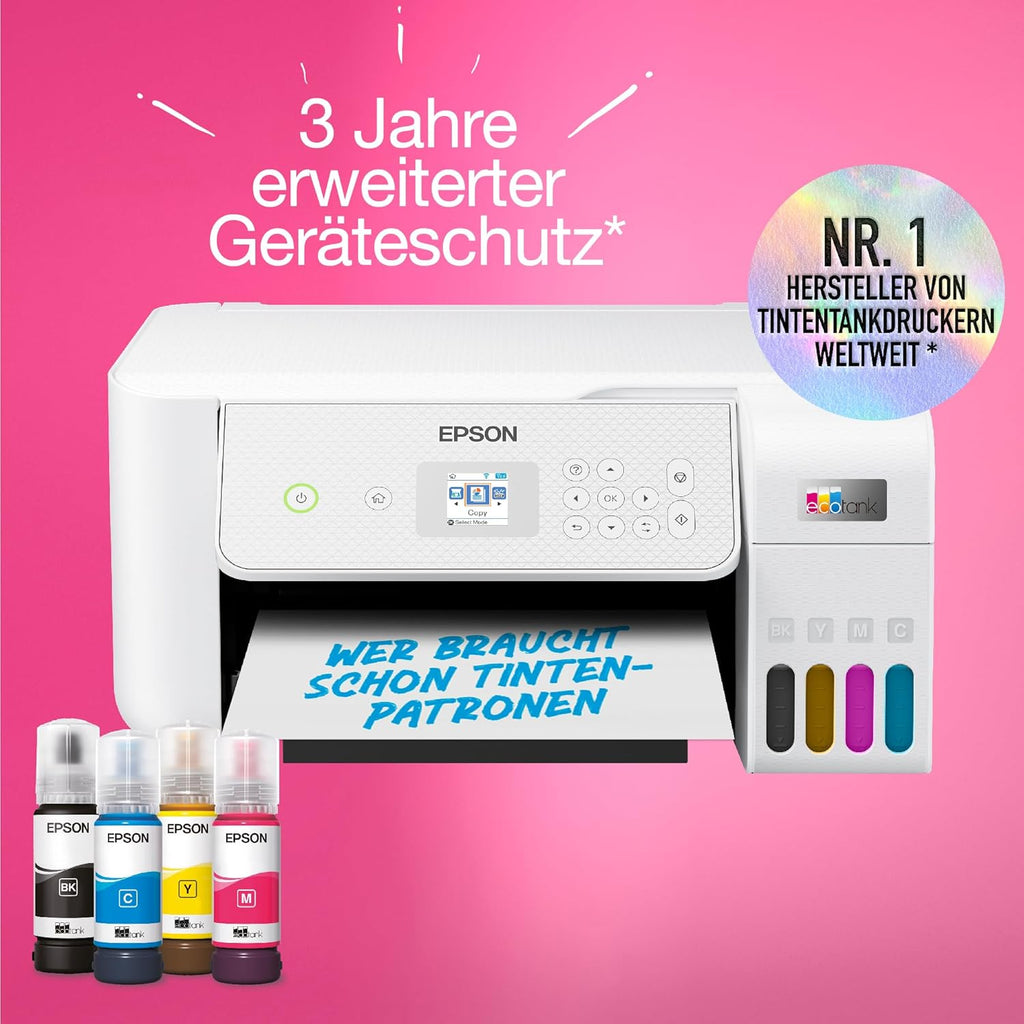EcoTank ET-2876 Tintentankdrucker für vielbeschäftigte Haushalte WLAN A4 Drucken, Kopieren, Scannen 3.7 cm LCD-Bildschirm inkl. Tinte für bis zu 3 Jahre