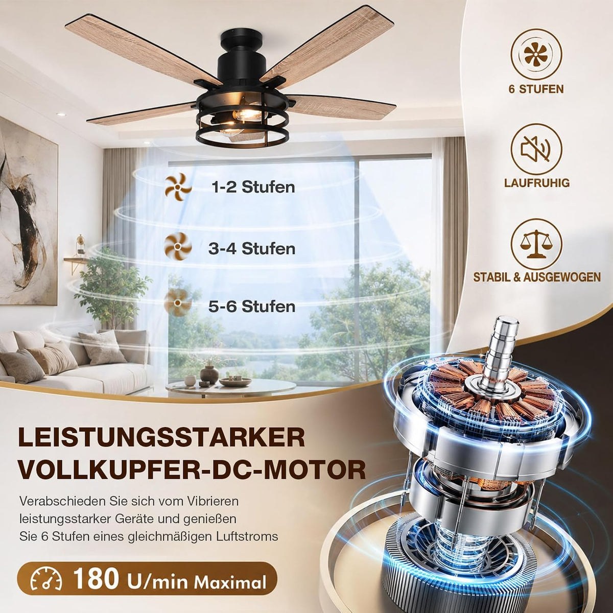 132cm Deckenventilator mit Beleuchtung Doppelseitige Flügeln, Leise Deckenlampe mit Ventilator, Fernbedienung Timer, 6 Geschwindigkeiten DC Motor Umkehrbar, 2700K, für Schlafzimmer Wohnzimmer