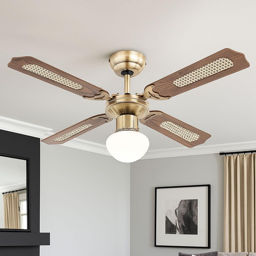 LED Deckenventilator mit Zugschalter Ventilatorlampe Decke 3 Stufen Ventilator Deckenleuchte, Vor-Rücklauf, Eiche Geflecht Glas Altmessing, 1x LED 9W 810Lm, D 106,6 cm