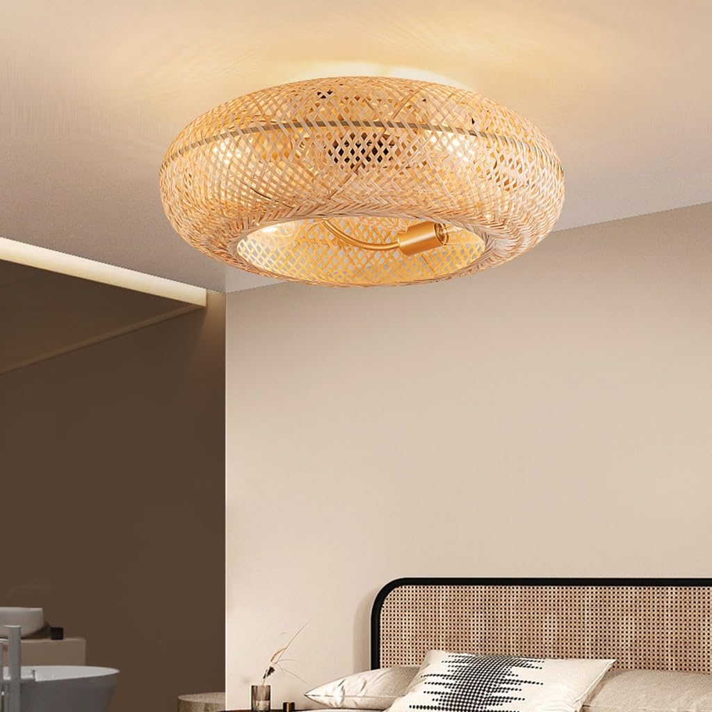 Deckenventilator Mit Beleuchtung Bambus Retro Boho 50CM Leise DC Motor Und Fernbedienung Vintage E27 Rattan Schlafzimmer Ventilator Fan Deckenlampe Wohnzimmer Esszimmer Lüfter Deckenleuchte