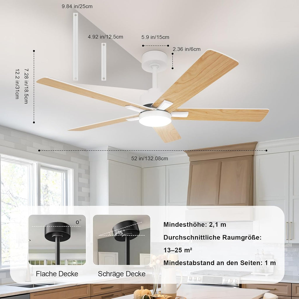 Comely Deckenventilator mit Beleuchtung, DC, 132cm, 3 Farbtemperatur, Deckenlampe mit Ventilator mit 6 Geschwindigkeiten, Sommer Winterbetrieb Deckenventilator mit Licht für Schlafzimmer, Naturholz