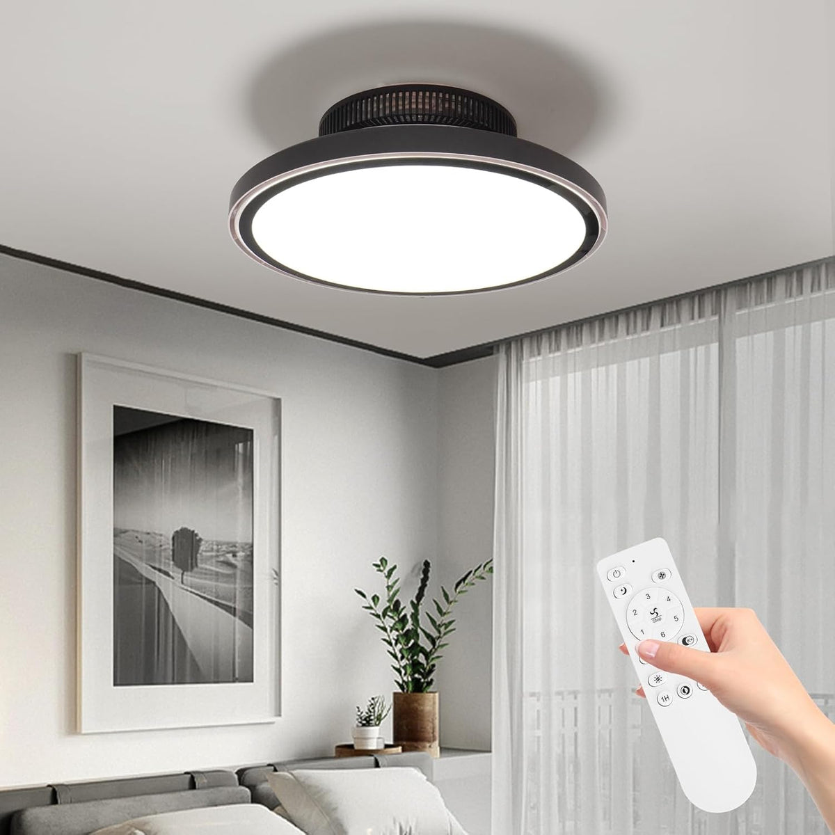 Blattloser Deckenventilator mit Beleuchtung und Fernbedienung Leise, 3000-6000K Dimmbares LED Deckenleuchte mit Ventilator mit 6 Windgeschwindigkeiten und Timer-Funktion, Schwarz