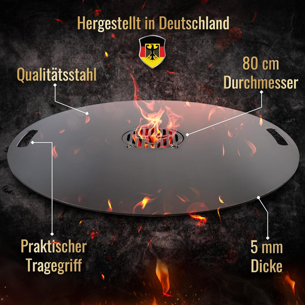 Feuerplatte für Kugelgrill Handgriffe 90 cm, 5 mm Stärke #921 – INKL. Grilleinsatz, Grillplatte für Feuertonne & Feuerschale, Massive Stahlplatte Plancha Grillring für BBQ & Teppanyaki