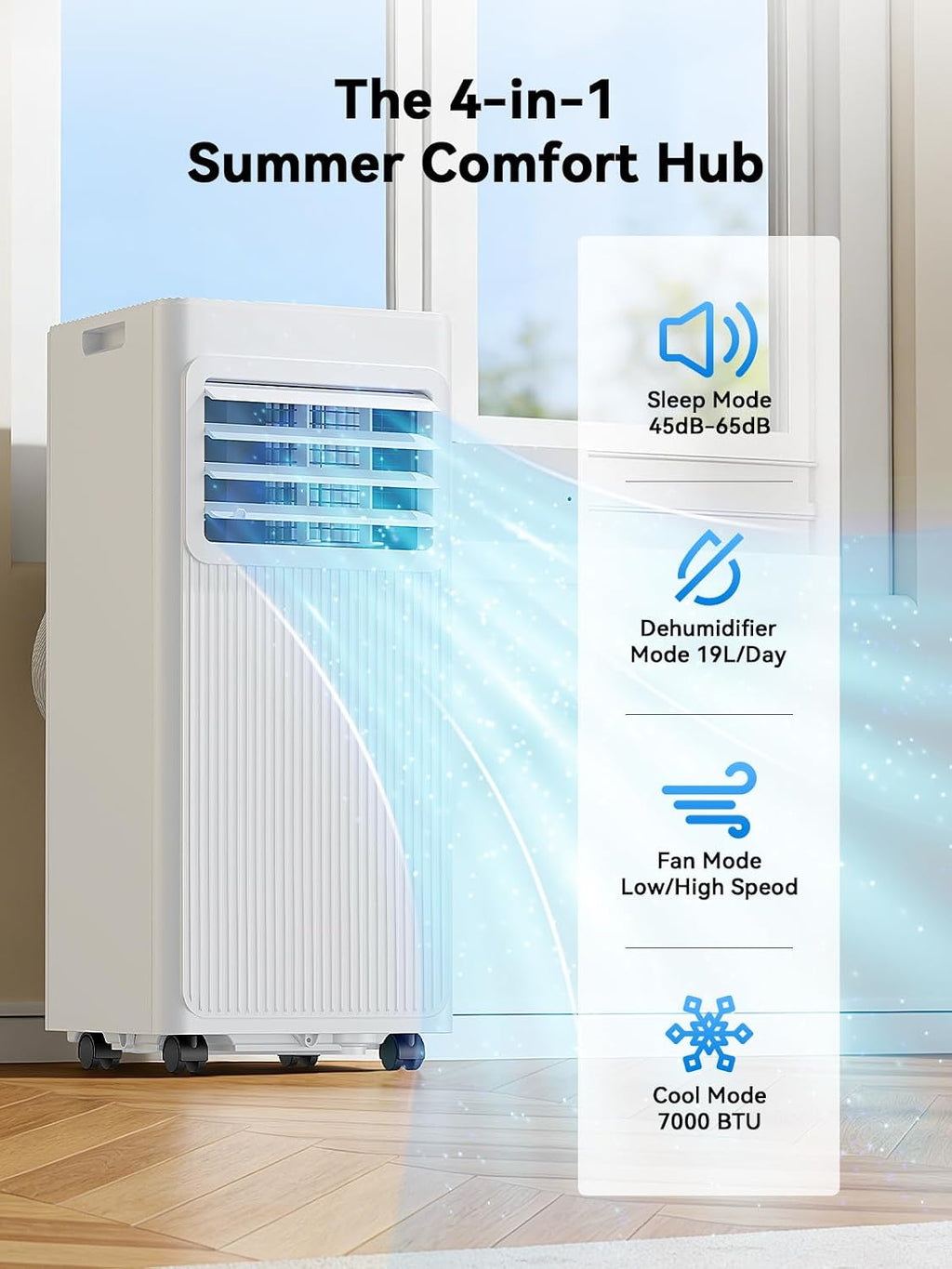 Mobiles Klimagerät 7000 BTU, 4-in-1 Mobile Klimaanlage mit Abluftschlauch & 4m Fensterabdichtung, Ohne Bohren (für Kipp- & Dachfenster), Kühlen & Entfeuchten für Räume bis 25m², Alpinweiß