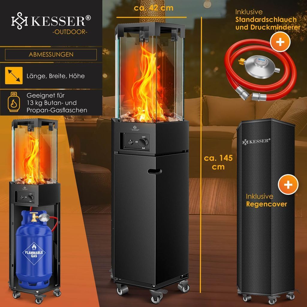 KESSER® Gasheizstrahler 4/8 kW Gas Piezozündung Heizung + Gasdruckregler + Cover, 360° Rollen Kippschutz, Terrassenheizstrahler Gasheizung Gasheizer Outdoor Kamin Mobiler Heizpilz, Heizer, Schwarz