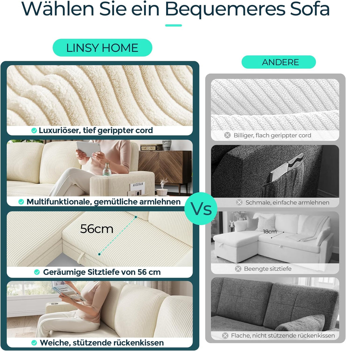 LINSY HOME Schlafsofa Ausziehbarer Couch, Ecksofa mit Schlaffunktion, Stauraum, Cord-Bezug L-Form Modulare Sofas mit Chaiselongue für Wohnzimmer und Wohnungen (Beige, L-Form)