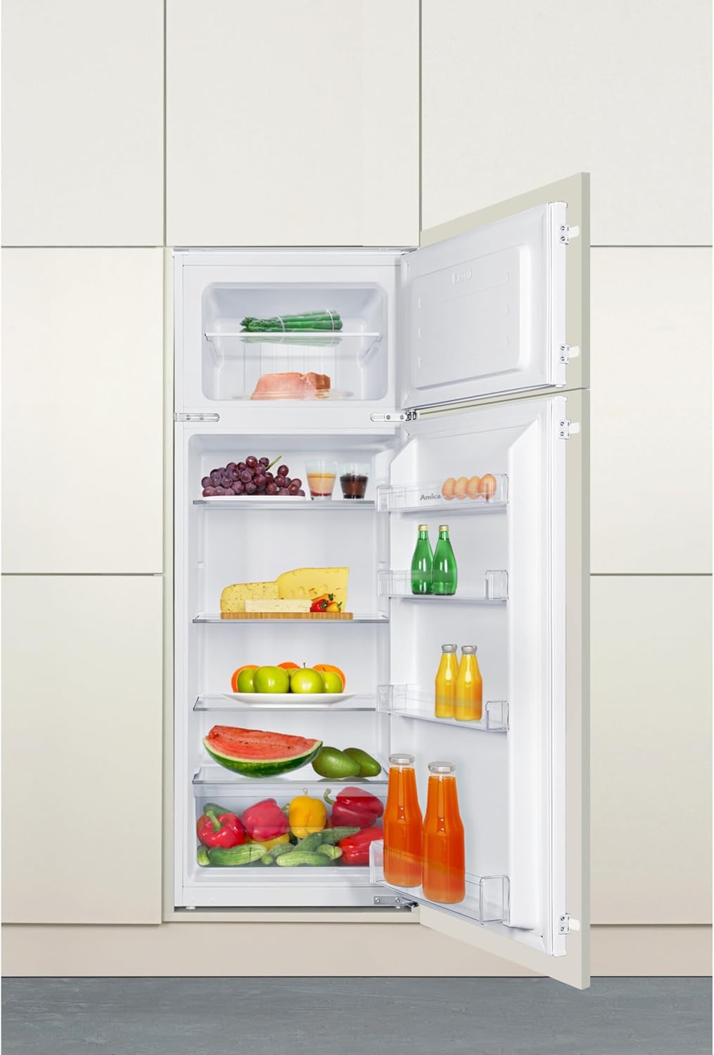 Amica Einbau-Kühlschrank mit Gefrierfach oben, Doppeltür, 145 cm Nische, Schlepptür-Technik, elektronische Steuerung, Inverter-Motor, LED-Beleuchtung