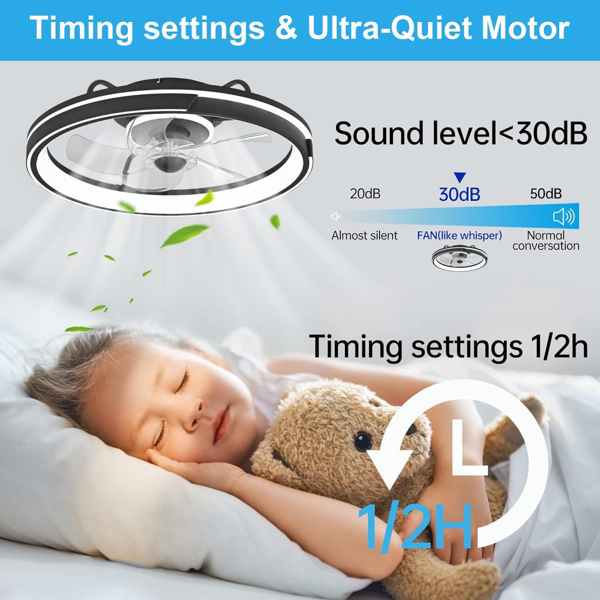 Leise Deckenventilator mit Beleuchtung, Dimmbar 64W LED Deckenleuchte mit Ventilator, Fernbedienung und APP, Timer, 6-Gang, 50cm Moderne Lampe mit Ventilator für Wohnzimmer Schlafzimmer Schwarz