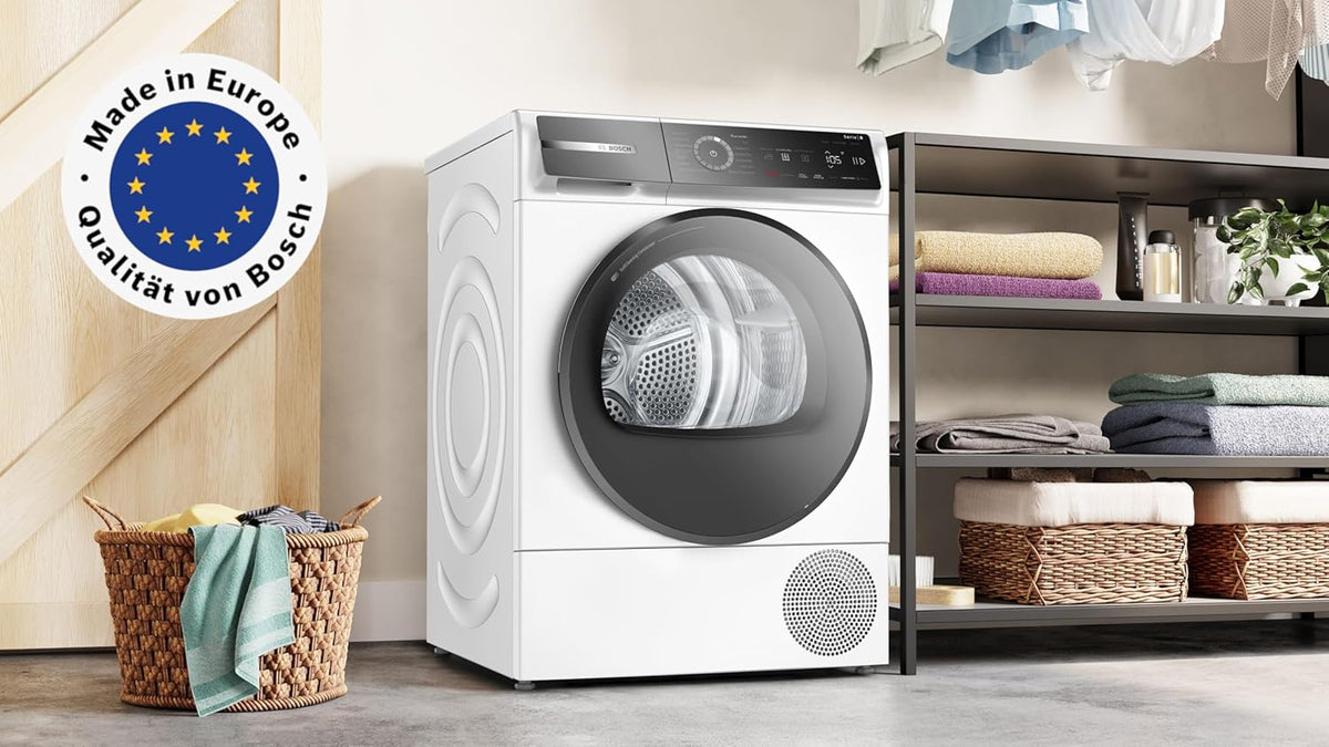 Bosch WQB246D41 Serie 8, Wärmepumpentrockner 9kg, Silent Dry - Extrem leise, Schneller getrocknete Wäsche, Auto Dry, Selbstreinigender Kondensator, Trommelinnenbeleuchtung, Home Connect, Weiß