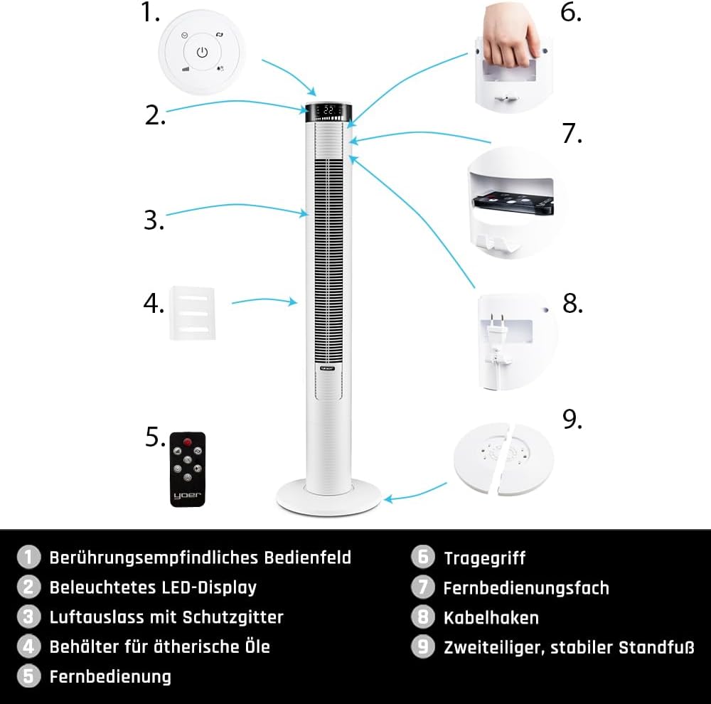 YOER Spiro TF03W, 45W, Ionisator, 4 Gebläsemodi, 90° Oszillation, 10m Reichweite, 12-Stunden-Timer, Leiser Betrieb, 3 Geschwindigkeitsstufen