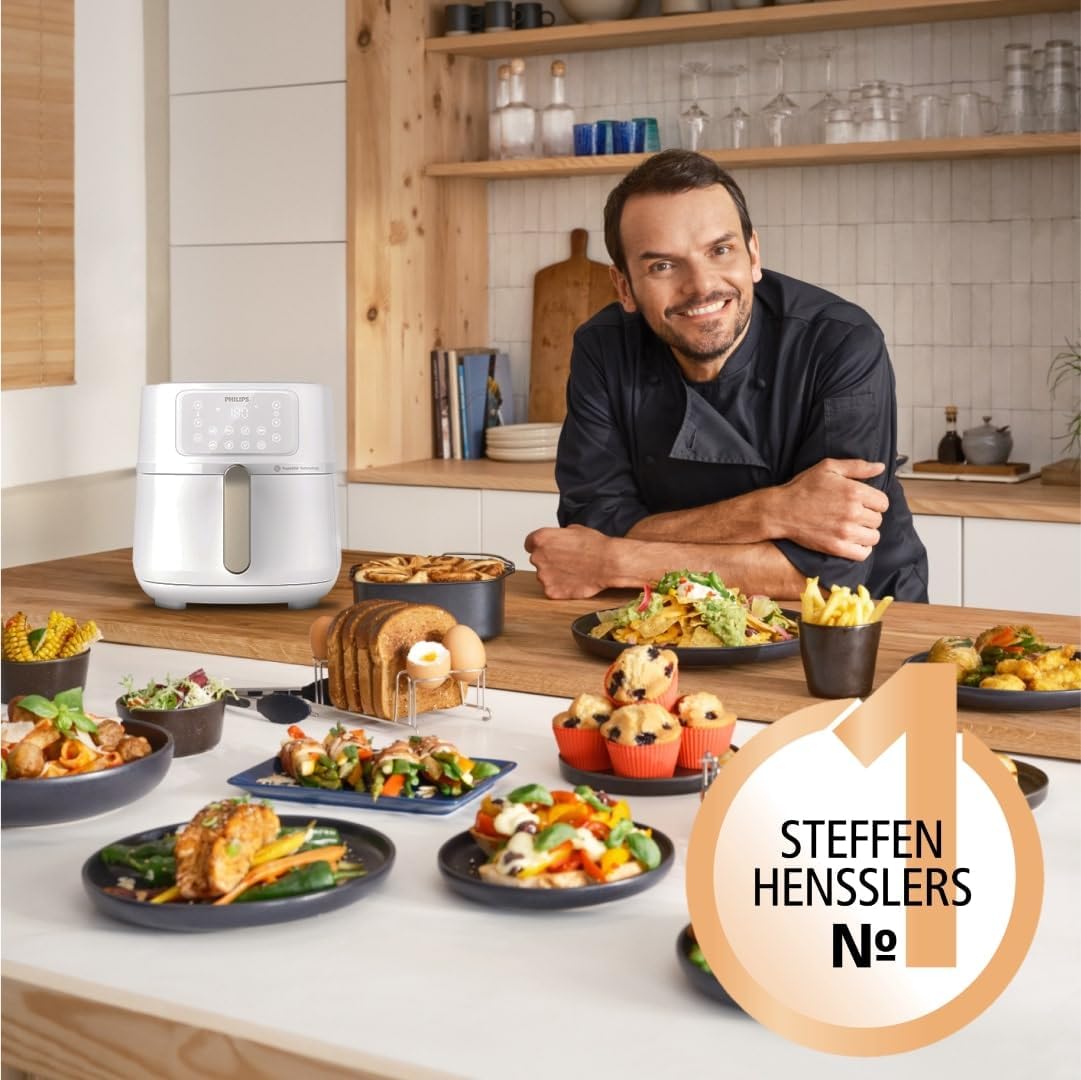 Airfryer 5000-Serie XXL, 7,2L (1,4Kg) - 6 Portionen, 16-in-1 Airfryer, Wifi verbunden, 90% weniger Fett mit Rapid Air Technologie, HomeID App, Weiß(HD9285/00)