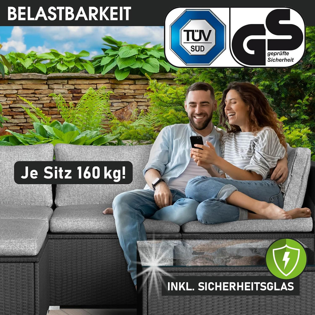 BRAST® Gartenmöbel Lounge Set | 4-5 Personen viele Modelle & Farben | inkl. extra Dicke Kissen | TÜV geprüft | Outdoor Loungemöbel Sitzgruppe Essgruppe Garnitur | Royal Schwarz
