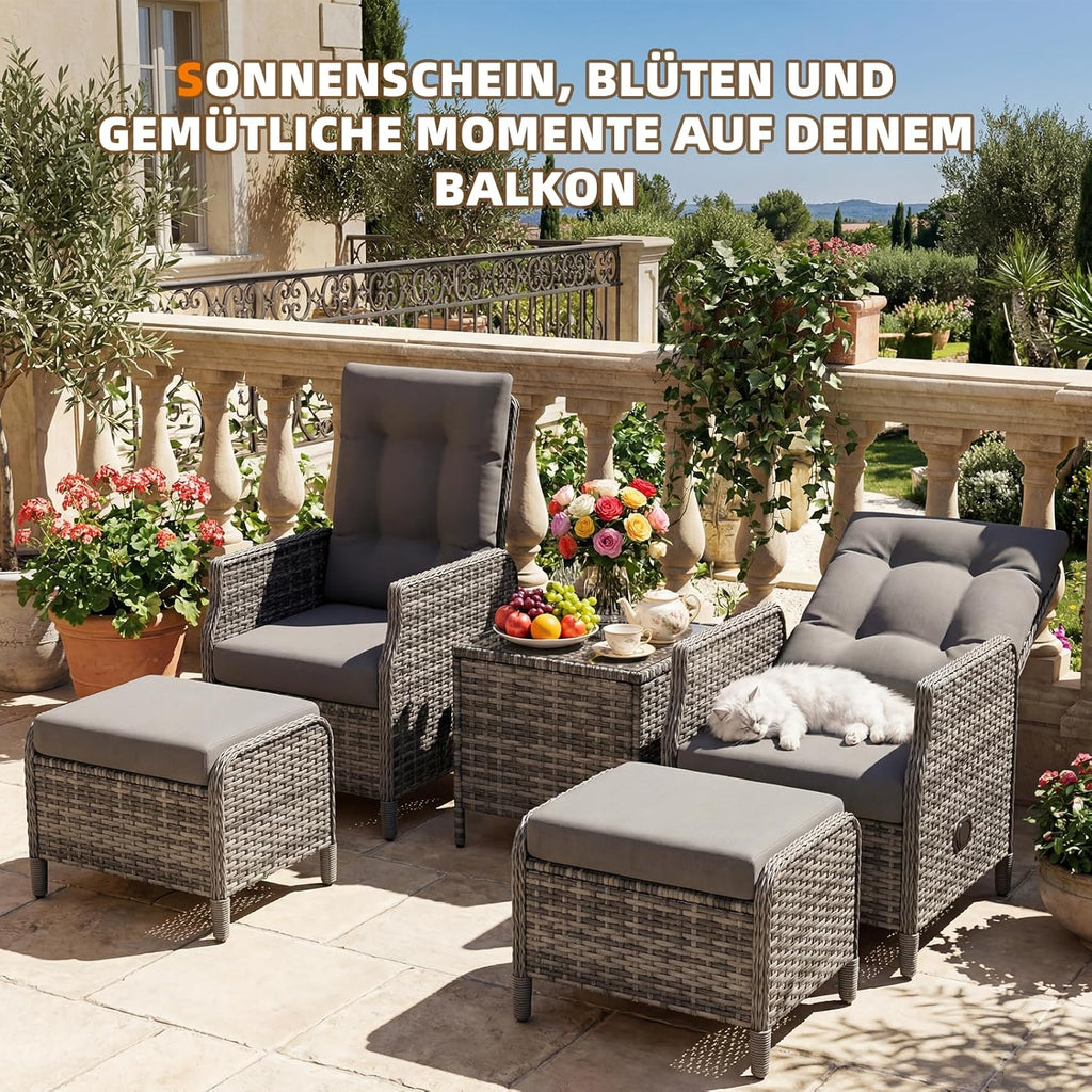 UDPATIO Lounge Möbel Outdoor Set 5-teilig mit Verstellbaren Sessel, Fußhocker und Couchtisch | Rattan Gartenmöbel | Balkonmöbel Kleiner Balkon | Wetterfest Terrassenmöbel | Dunkelgrau