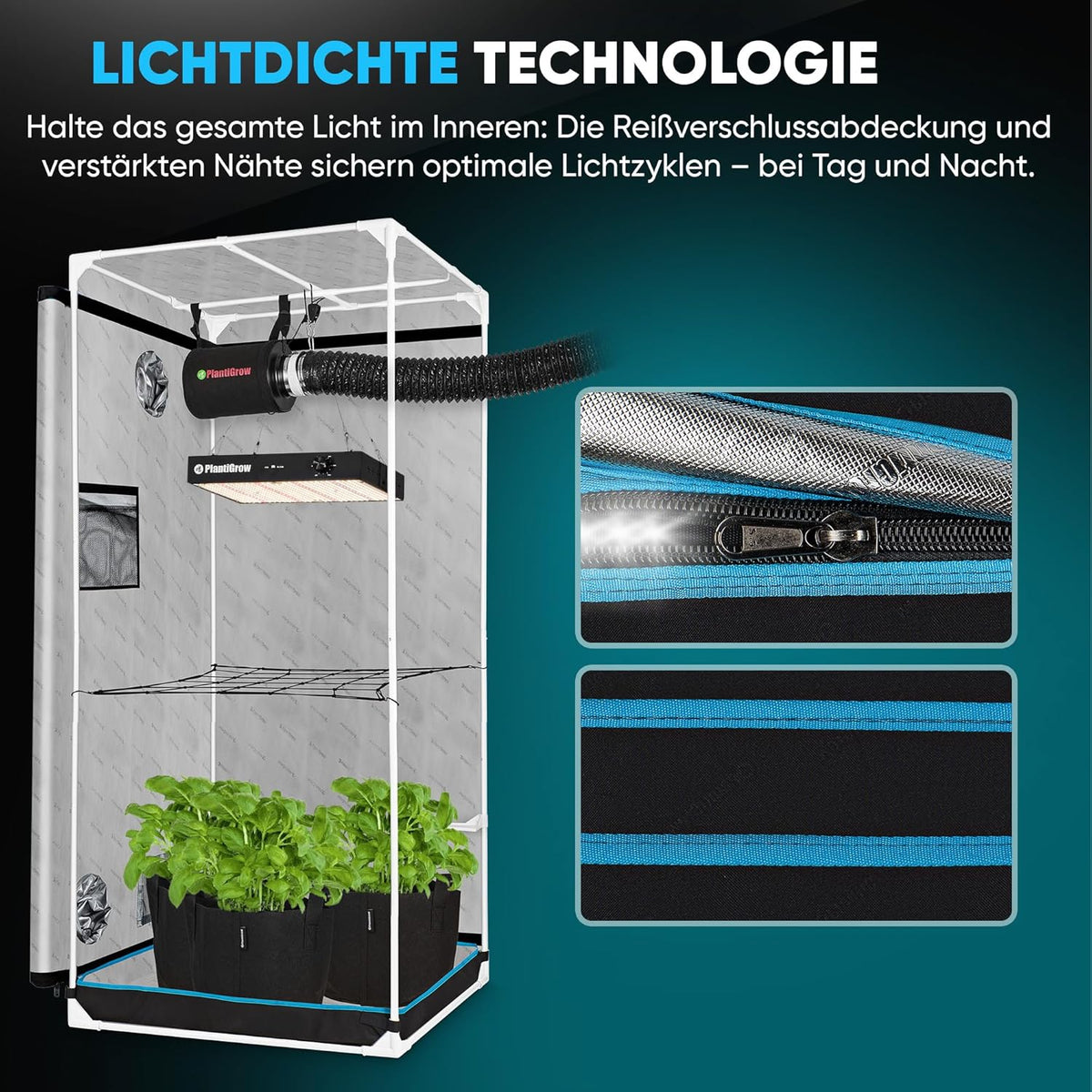 Growzelt Komplettset – Indoor Gewächshaus mit 150W Vollspektrum LED Lampe (Dimmbar), 1680D, Carbon-Filter, Inline-Kanalventilator, Abluftschlauch (80x80x180cm)