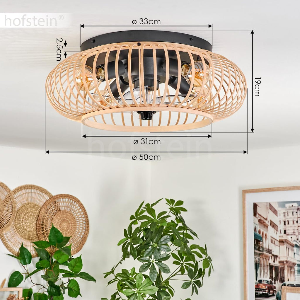HOFSTEIN Deckenventilator Oravi, Ventilator aus Metall/Bambus in Schwarz/Natur mit Fernbedienung, Auf-/Abwind-Funktion u. Lichteffekt an der Decke, Deckenleuchte 4-flammig Ø 50 cm, 4 x E27, mit Timer