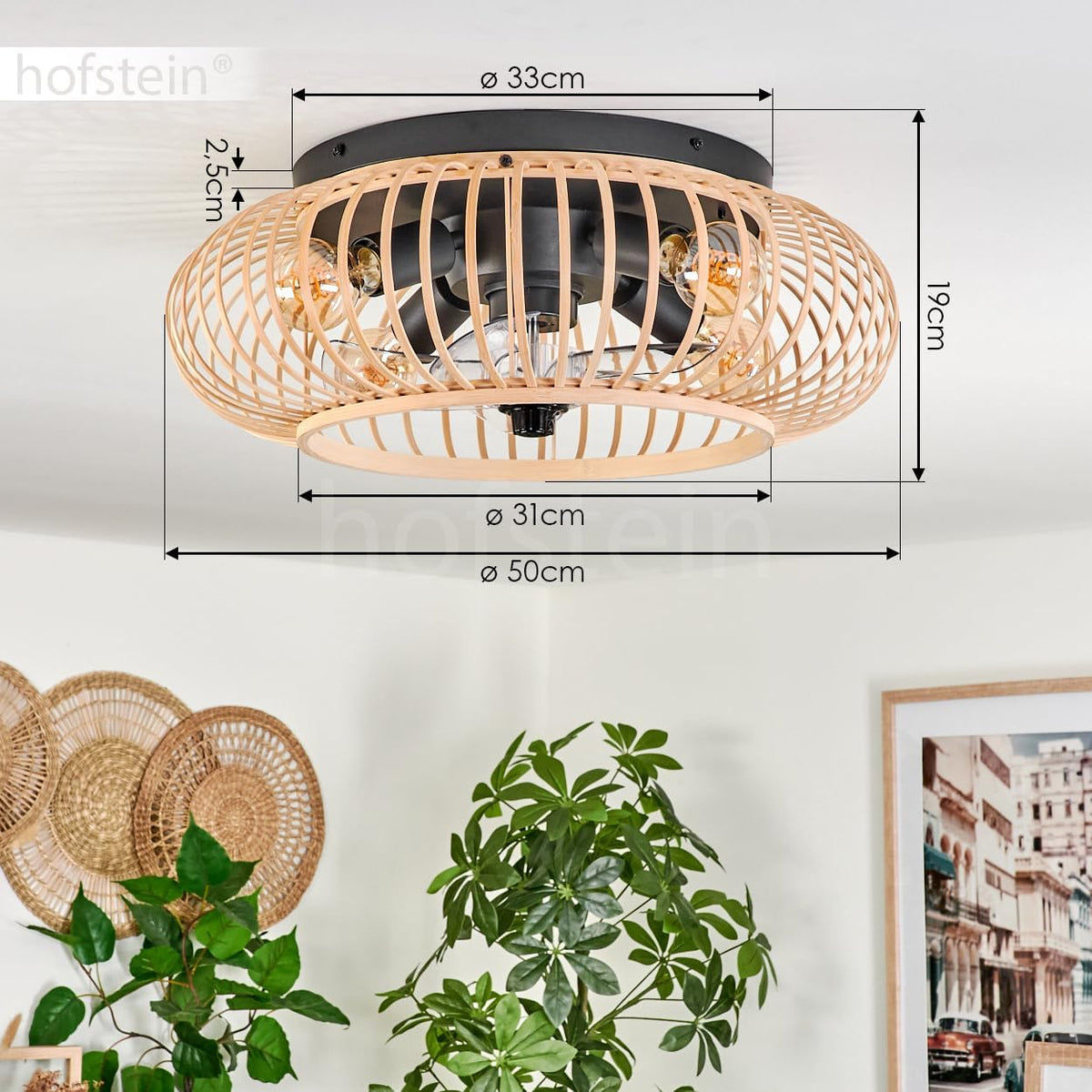 HOFSTEIN Deckenventilator Oravi, Ventilator aus Metall/Bambus in Schwarz/Natur mit Fernbedienung, Auf-/Abwind-Funktion u. Lichteffekt an der Decke, Deckenleuchte 4-flammig Ø 50 cm, 4 x E27, mit Timer
