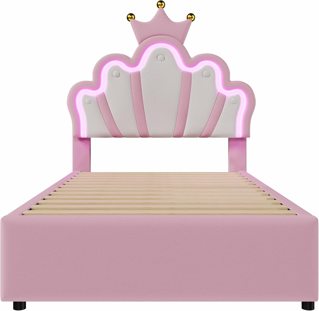 Kinderbett Polsterbett 90x200, Kronenförmiges Prinzessinnenbett, Einzelbett mit LED und 2 Schubladen, Bettgestell für Mädchen, mit Verstellbares Kopfteil, PU-Leder, Rosa, ohne Matratze
