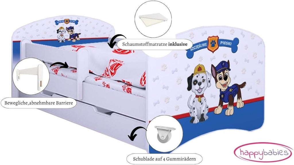 BDW Kinderbett Super Hunde - Babybett mit Matratze und Schublade - Bequem und Langlebig Rausfallschutz Bett - Kinderzimmer - Weiß (180x90)