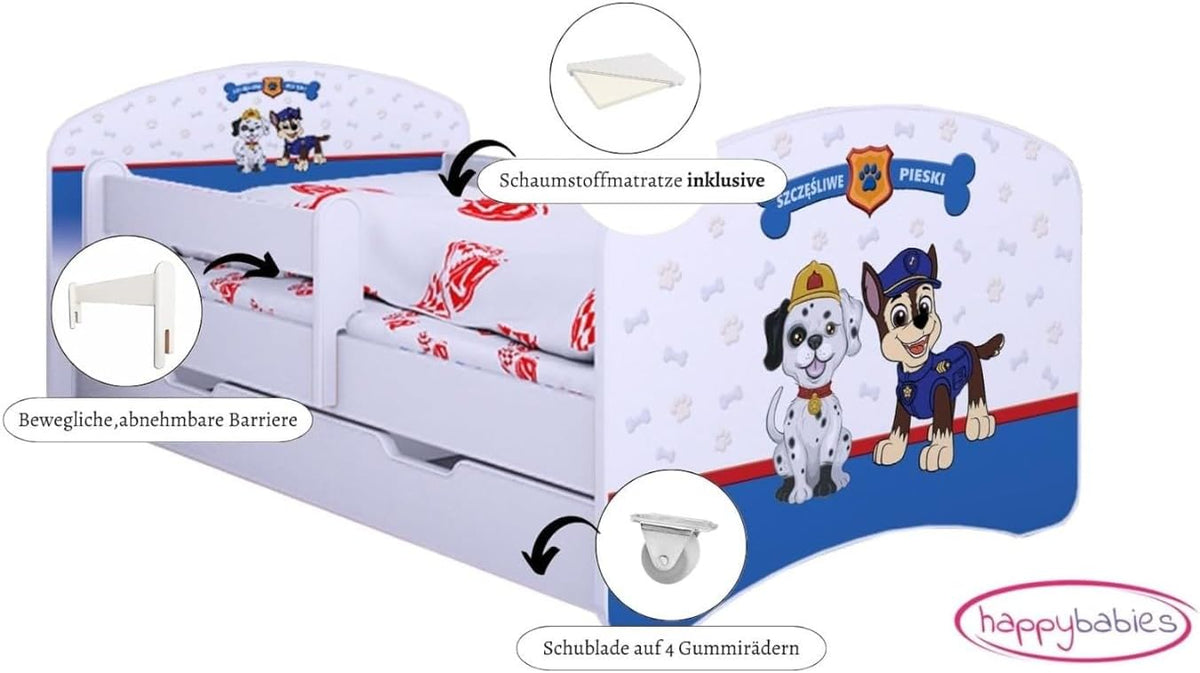 BDW Kinderbett Super Hunde - Babybett mit Matratze und Schublade - Bequem und Langlebig Rausfallschutz Bett - Kinderzimmer - Weiß (180x90)