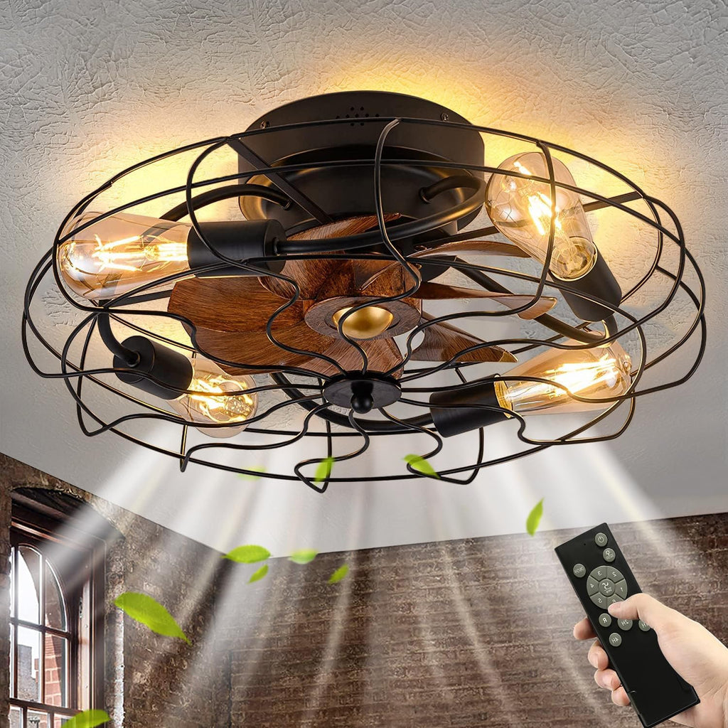 Deckenventilator mit Licht Retro LED Deckenleuchte mit Ventilator und Fernbedienung Industrial Deckenlampe E27 Vintage Cage Fan Lamp für Schlafzimmer Wohnzimmer Küche Beleuchtung, Schwarz