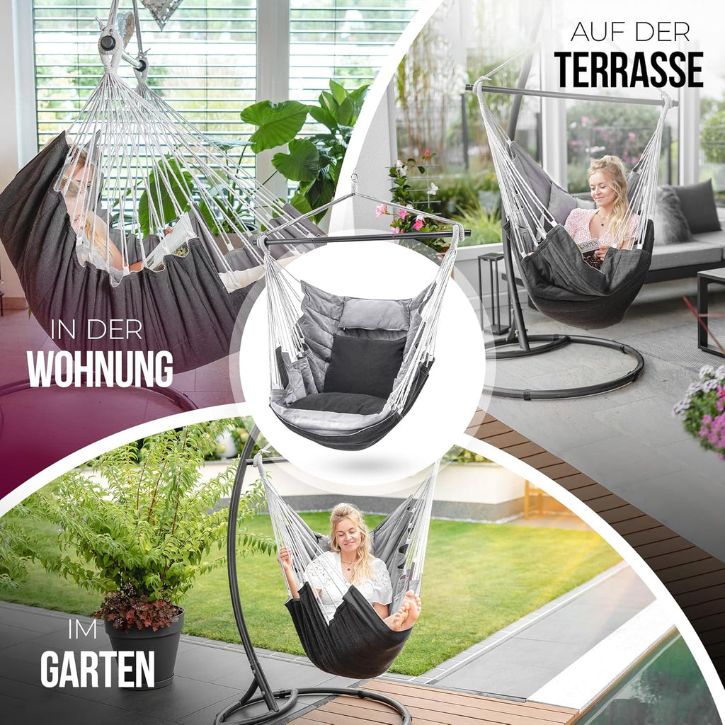 Hängesessel High-Class Outdoor & Indoor XXL [All Inclusive Paket mit Aufhängung + 3 Kissen] Kinder & Erwachsene bis 150 kg | Hängematte Wohn- Schlafzimmer, Garten Balkon Terrasse